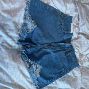 Denim Blue Frayed Hem Women Shorts